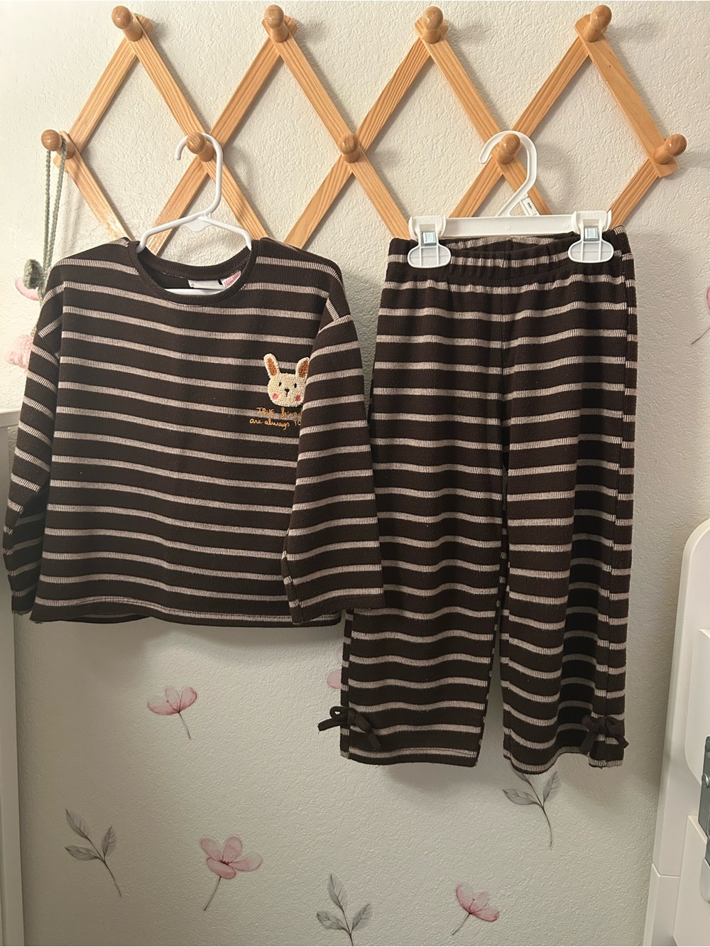 Zara Brown & Cream Striped Kids Pajama Set with Bunny Patch